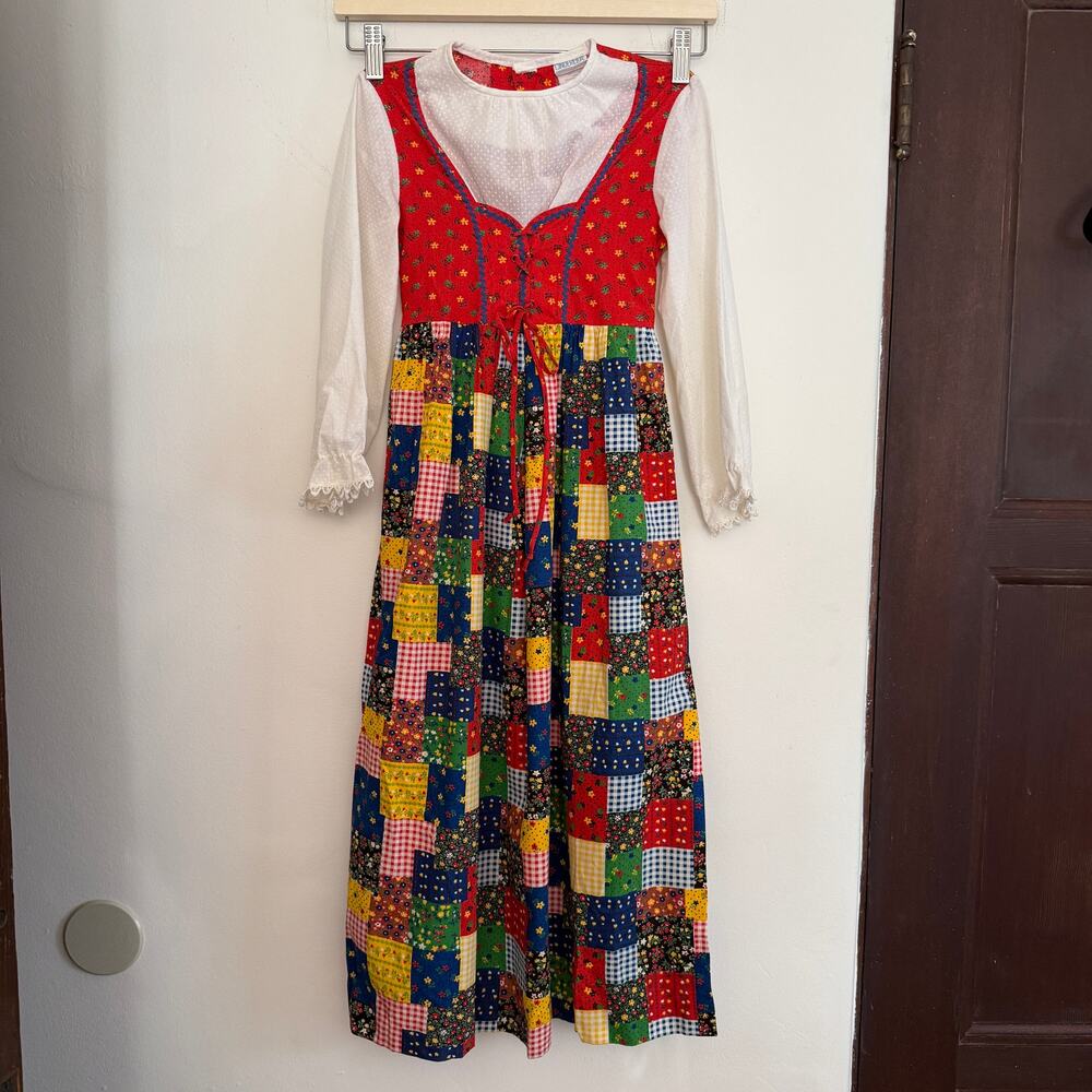 80s Vintage Cinderella Stop the Press Girls Patchwork Pinafore Style Dress 6X